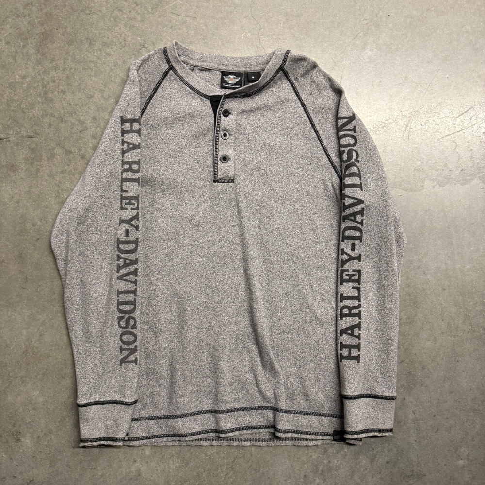 Harley-Davidson Mens Gray Long Sleeve Henley Shirt Graphic Sleeve Size M